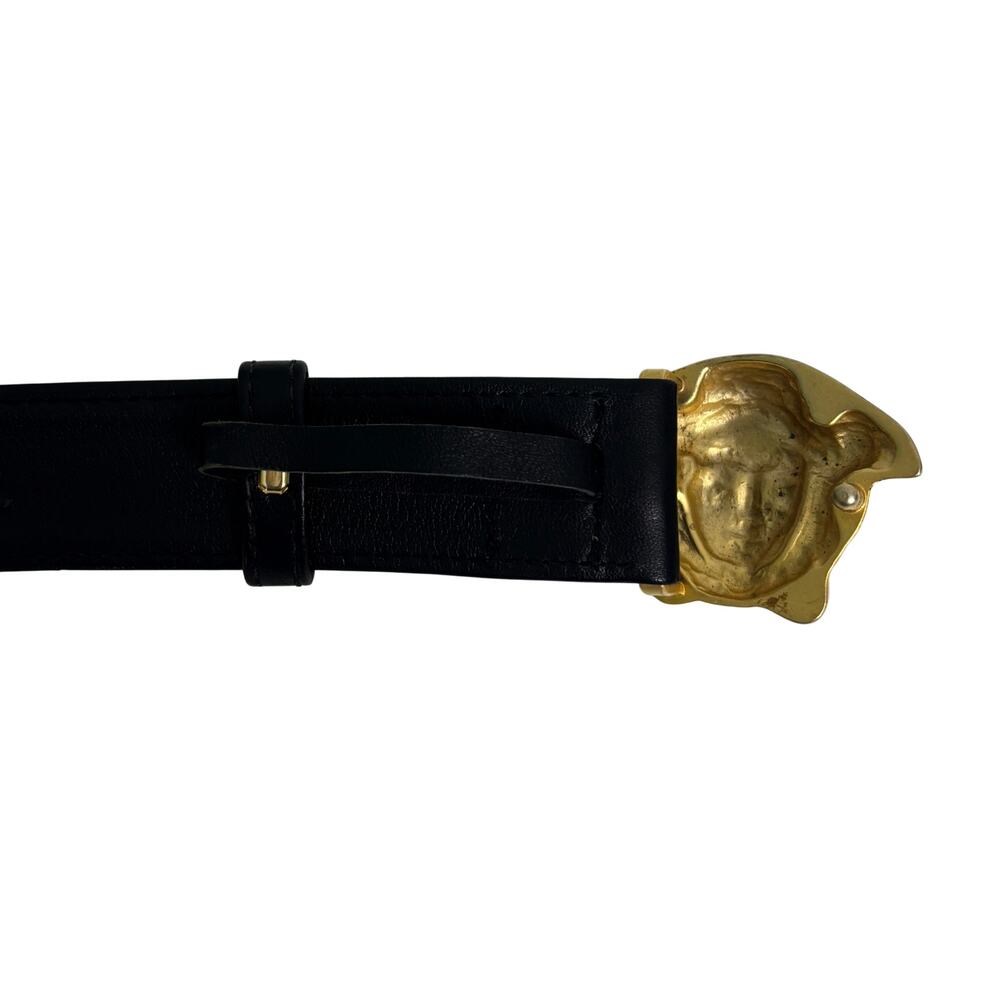Gianni Versace Vintage Gold Tone Medusa Black Fur Calfskin Leather Belt Size 28 - Picture 8 of 13